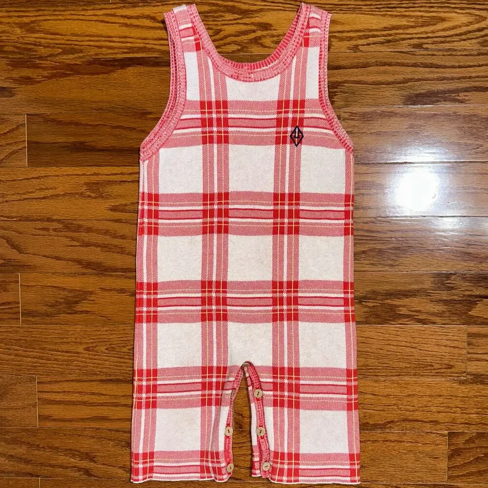 The Animals Observatory Red Plaid Boar Baby Cotton Blend Jumpsuit Size 18M
